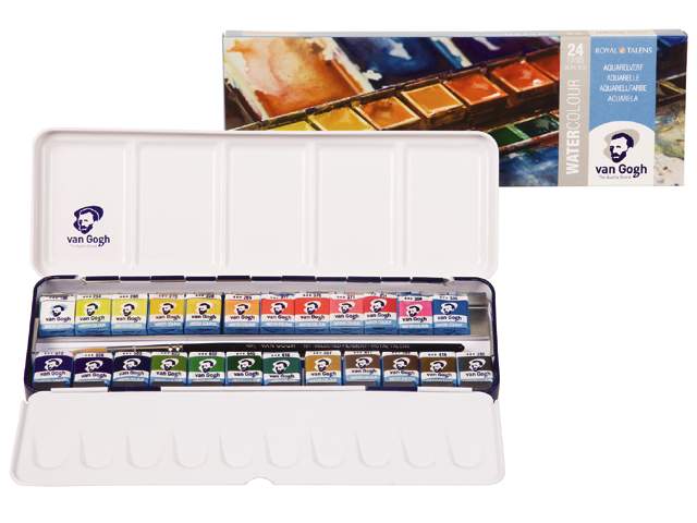 VAN GOGH WATER COLOUR METAL BOX WITH 24 PANS PLUS BRUSH TWO PALLETS AND THUMB RING