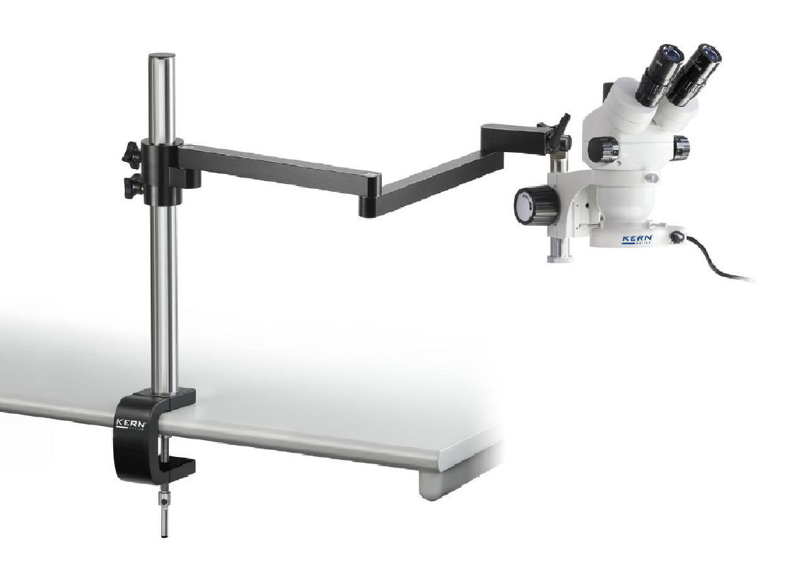 KERN OZM-95 SERIES  ZOOM STEREOMICROSCOPE WITH  TRIPLE OVERHANGING STAND WITH TABLE CLAMP